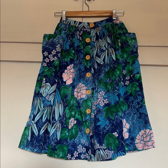 Loco Lindo Dresses & Skirts - Scout for Loco Lindo Blue Barkcloth Floral Cotton Skirt XS NWOT
